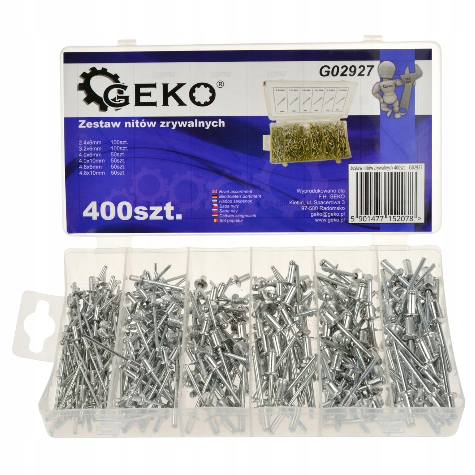 Zestaw Nitów Zrywalnych Aluminiowych 2,4 4,8mm 400szt. Geko G02927