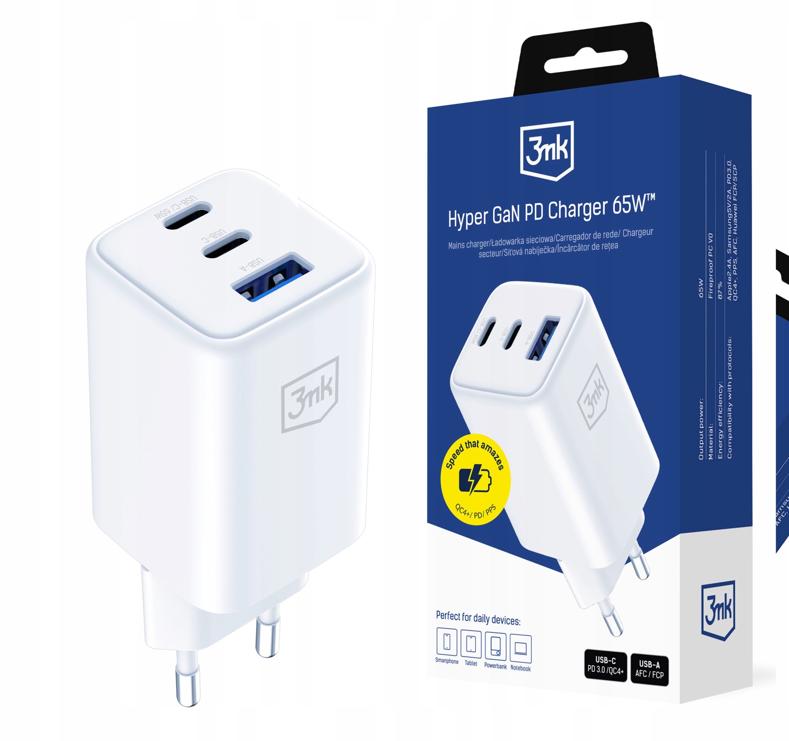3MK Síťová nabíječka Hyper GaN Charger 65W 1xUSB-A 2xUSB-C Bílá