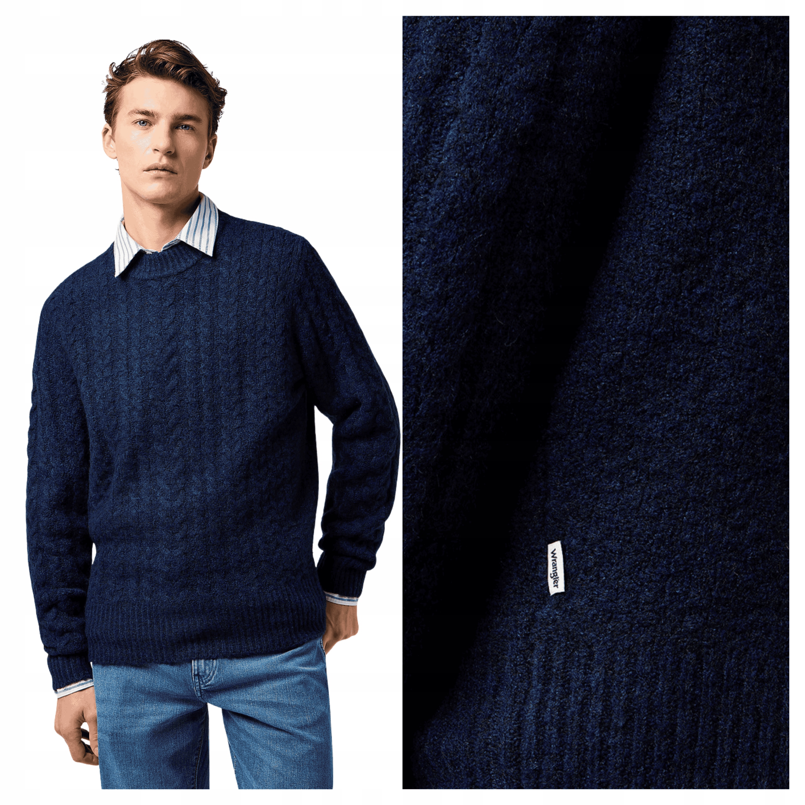 Pánský svetr Wrangler Cable Knit Sweater Modrý Denim Heather L