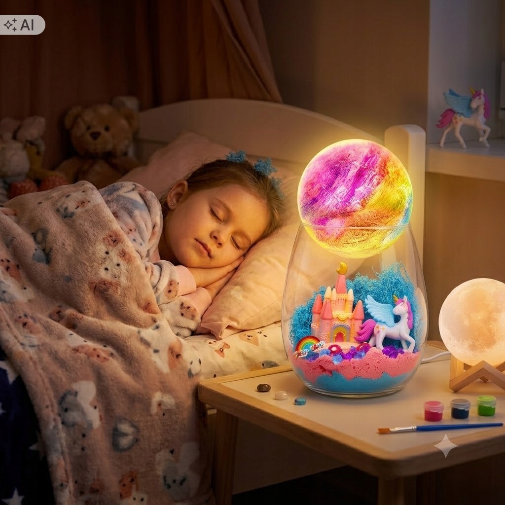 Zestaw kreatywny lampka jednorożec LED piasek kinetyczny DIY farby