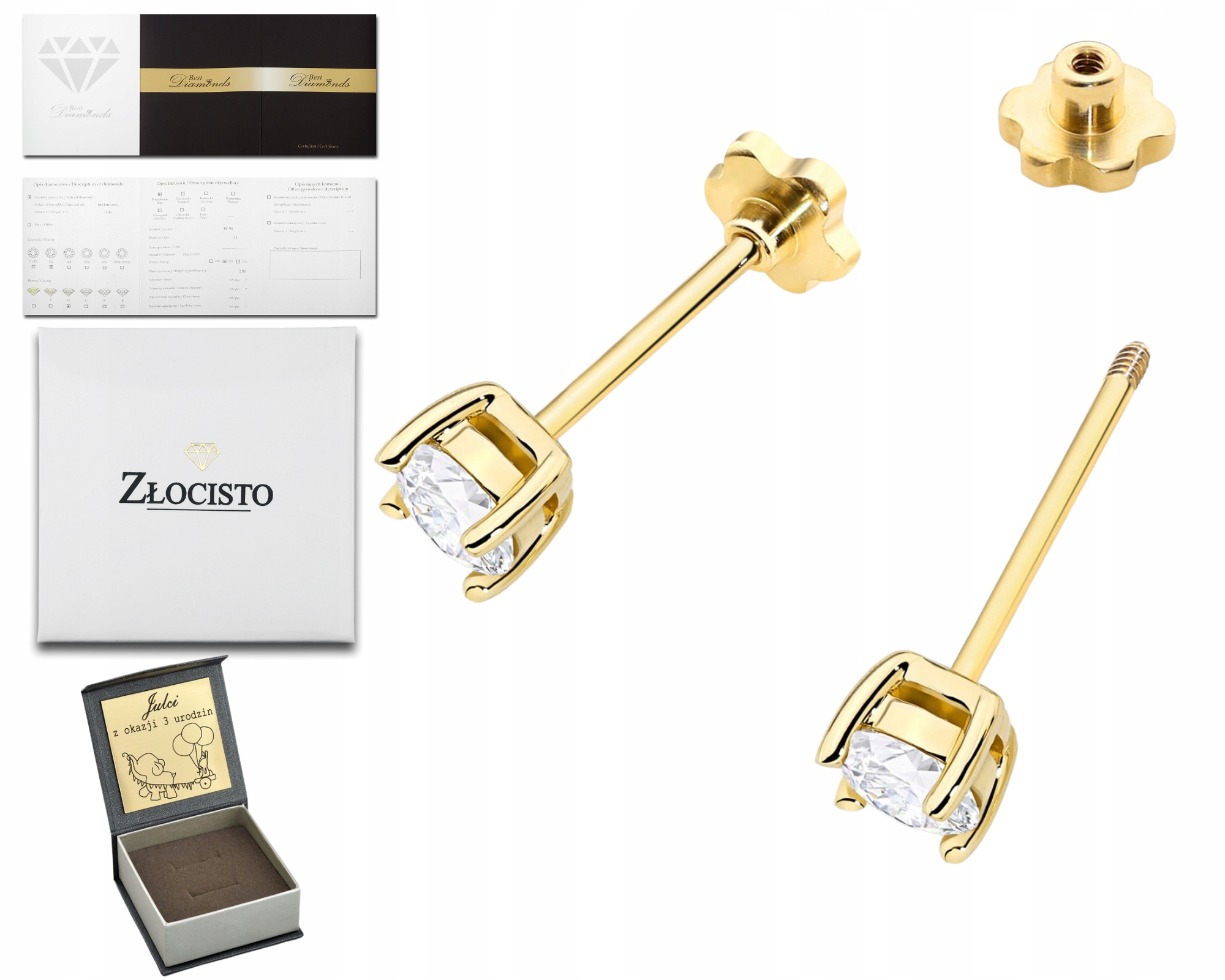 Zlato Náušnice Laboratoriánské Diamanty Šroubovací Pěncí Dárek Gravírování 585