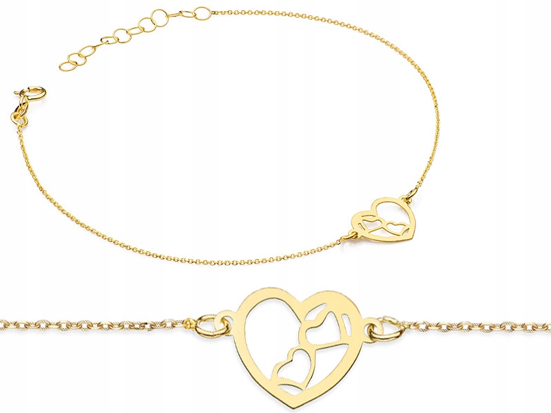 Zlatý Náramek Dámský pr. 585 14k Ažurové srdce se srdíčky Krabička