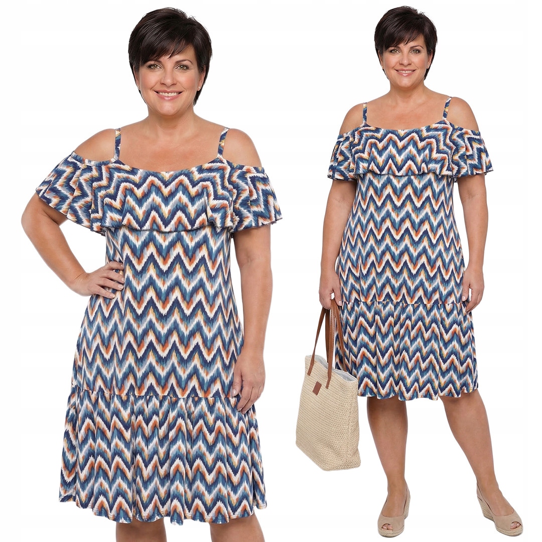 Šaty na ramínkách s modrým vzorem plus size velikost 46/48