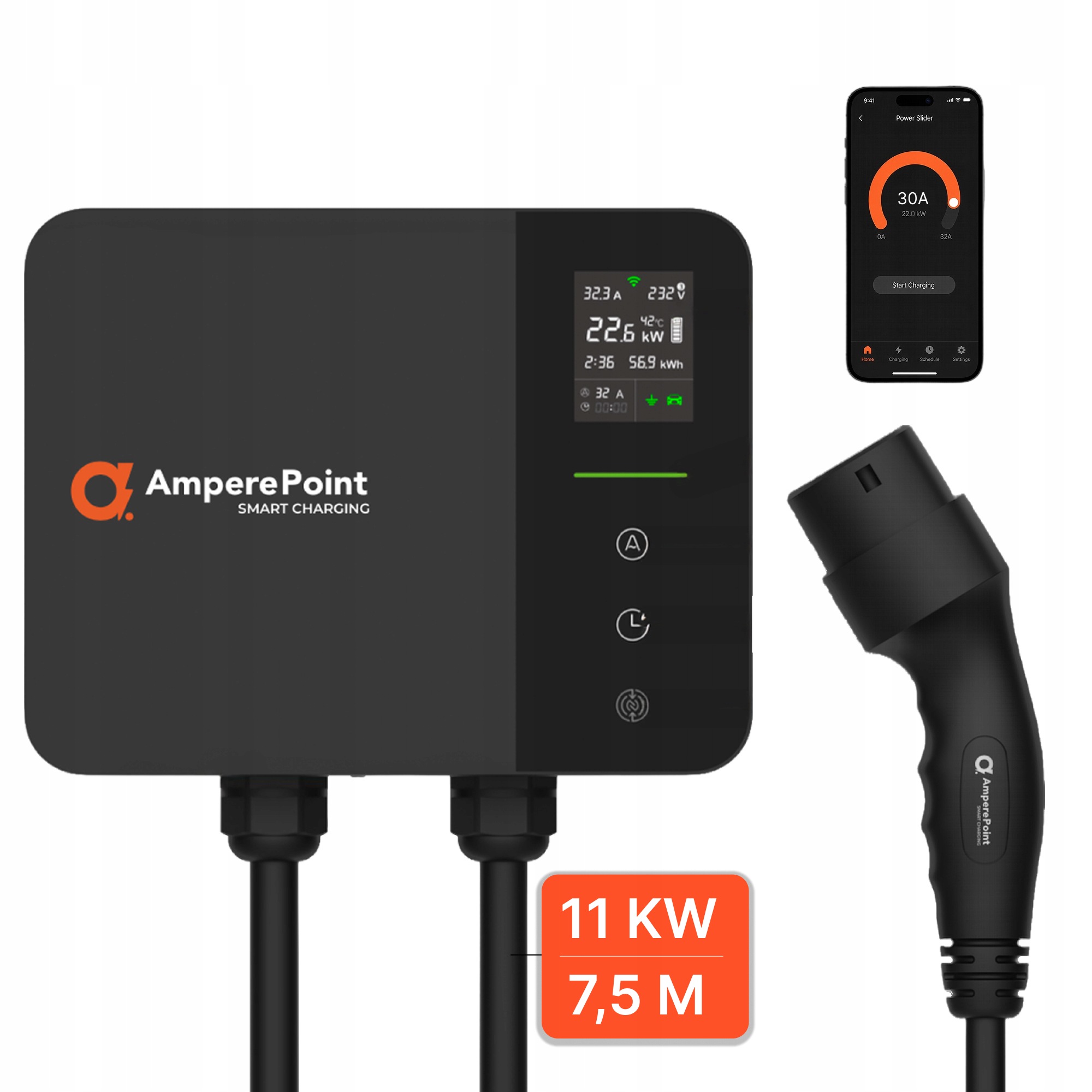Ładowarka ścienna Wallbox Ev Ampere Point Prime |11 kW wtyczka|7,5m|Type2