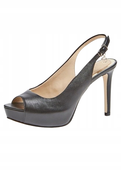 Guess Černé Kožené Sandály Na Podpatku S Otevřenou Špičkou, Velikost 38 Gpa