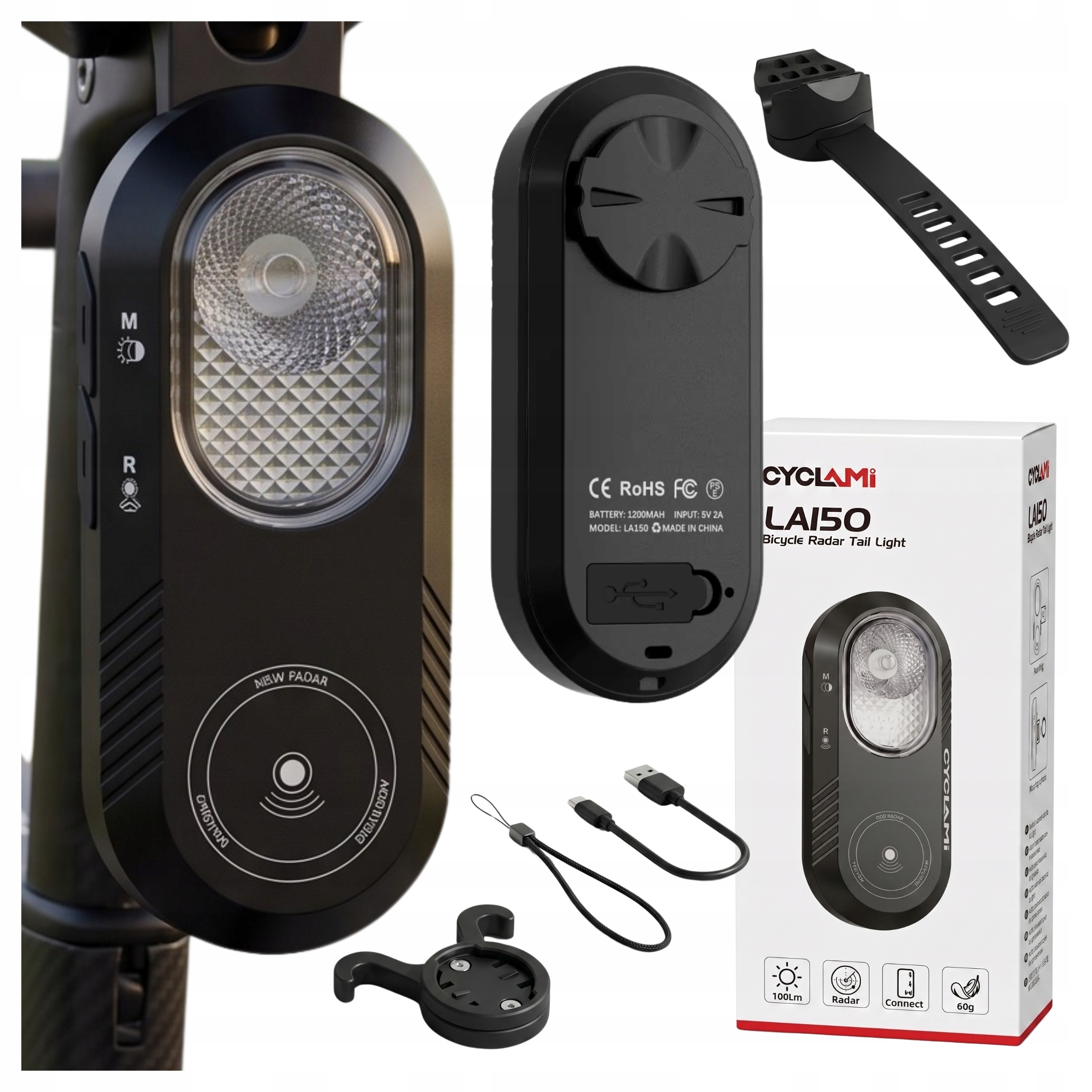 Cyklistická lampa Radar Zpětná cyklistická Garmin Bluetooth Ant+ Usb-c počítadlo