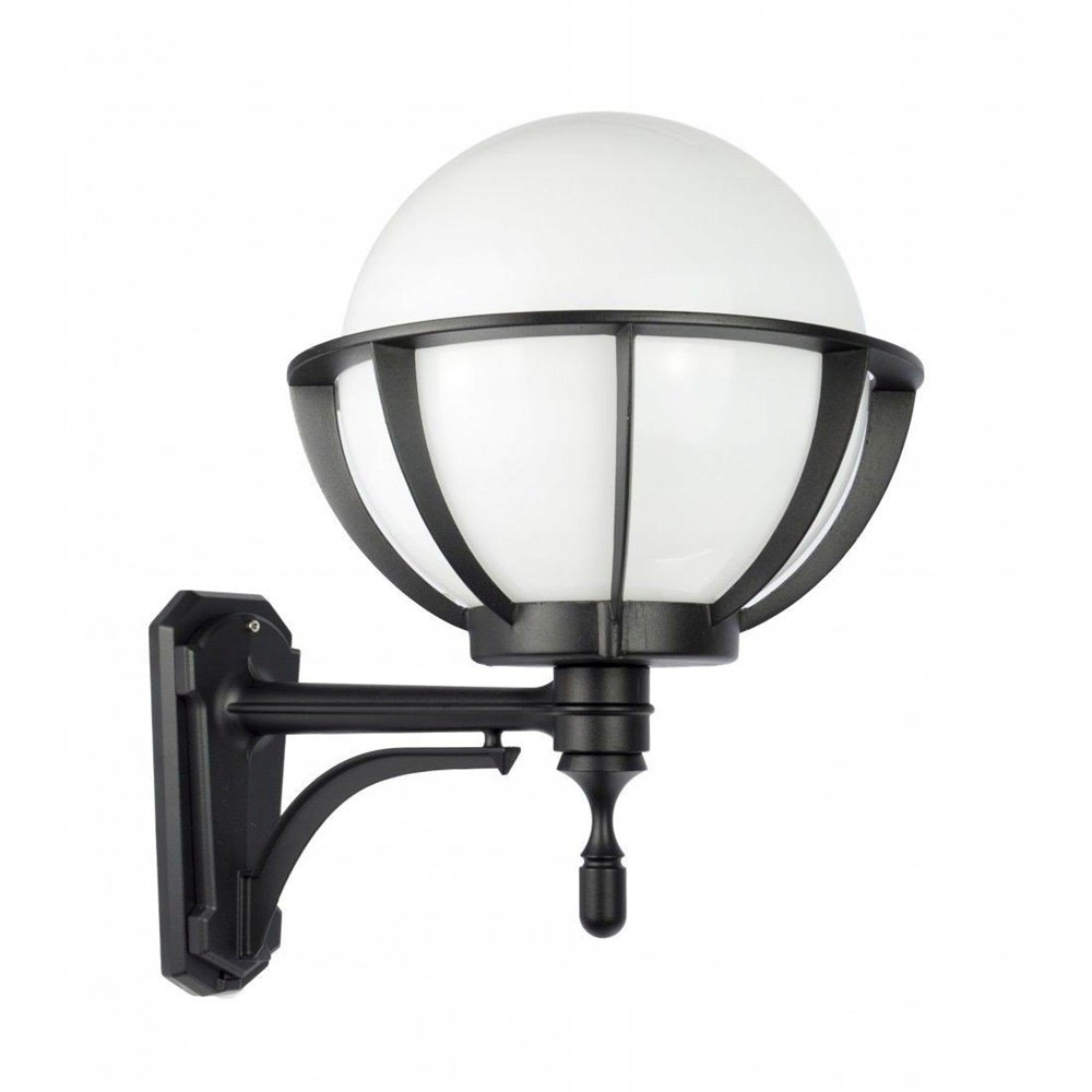 Czarna lampa elewacyjna biała kula z koszykiem
