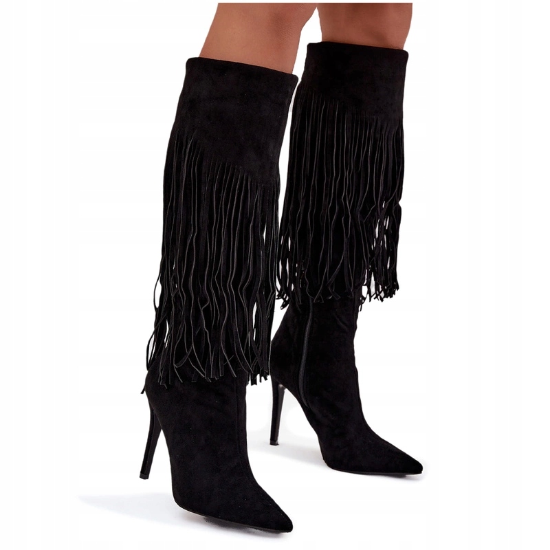 Dámské Eko Semišové Kozačky Na Podpatku S Třásněmi, Nazouvací, Černé, Velikost 36