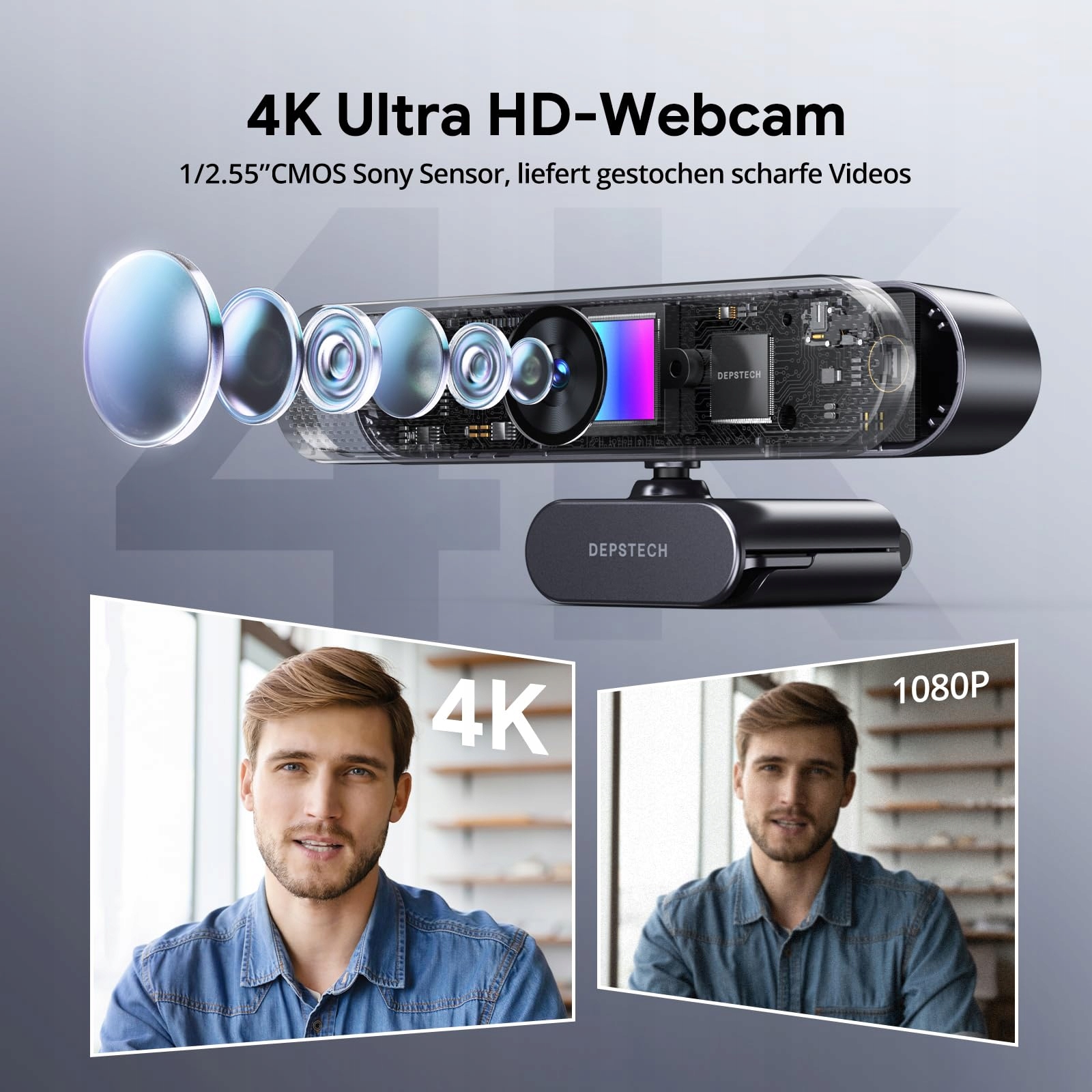 DEPSTECH Kamera Internetowa 4K Ultra HD Mikrofon Zoom Autofokus PC Mac — miniatura 2