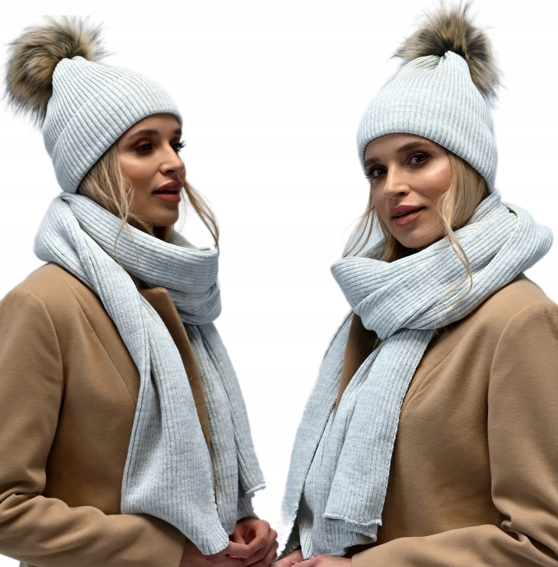 Komplet Čepice dámská zimní velká šála 2 metry Polský set Světle šedá