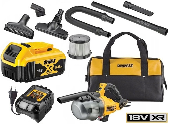 Dewalt Odkurzacz Xr 18V Bezworkowy 300W, Akcesoria, Bateria 5.0 Ah, Komplet