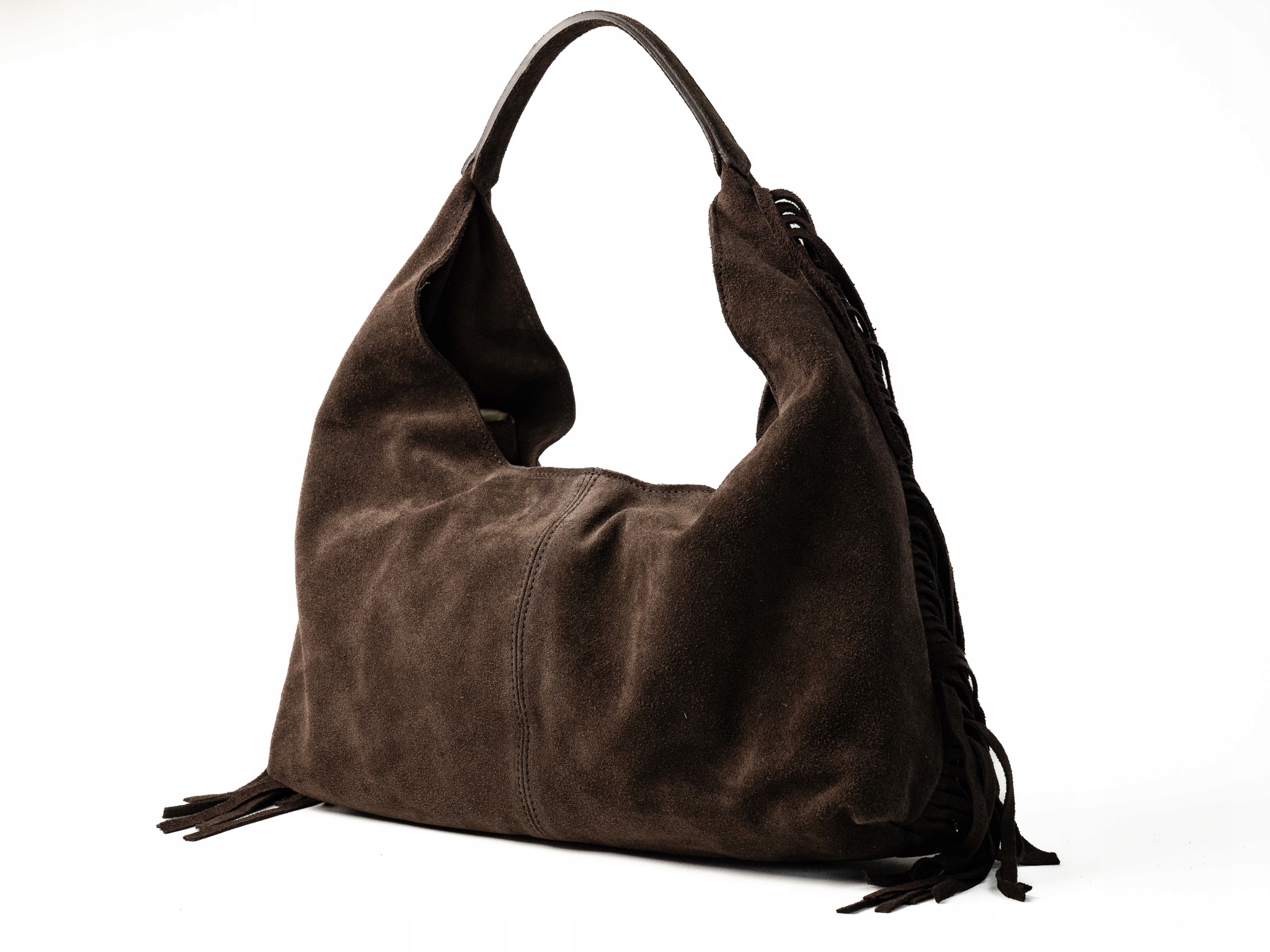 Torebka Damska Zamszowa Pojemna A4 Shopper Na Ramię Z Frędzlami Czekoladowa