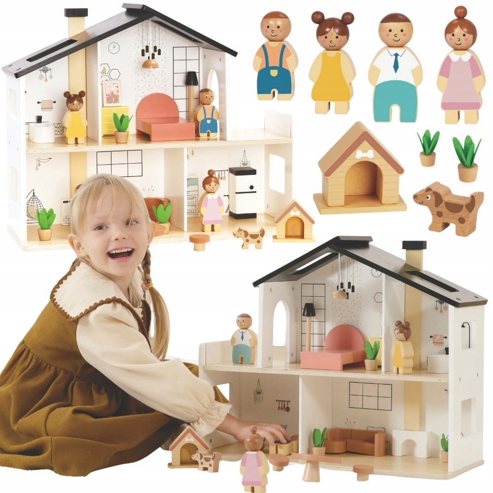 Tooky Toy Drewniany Domek Dla Lalek Z Rodzinką Mebelki Akcesoria 20EL 3+