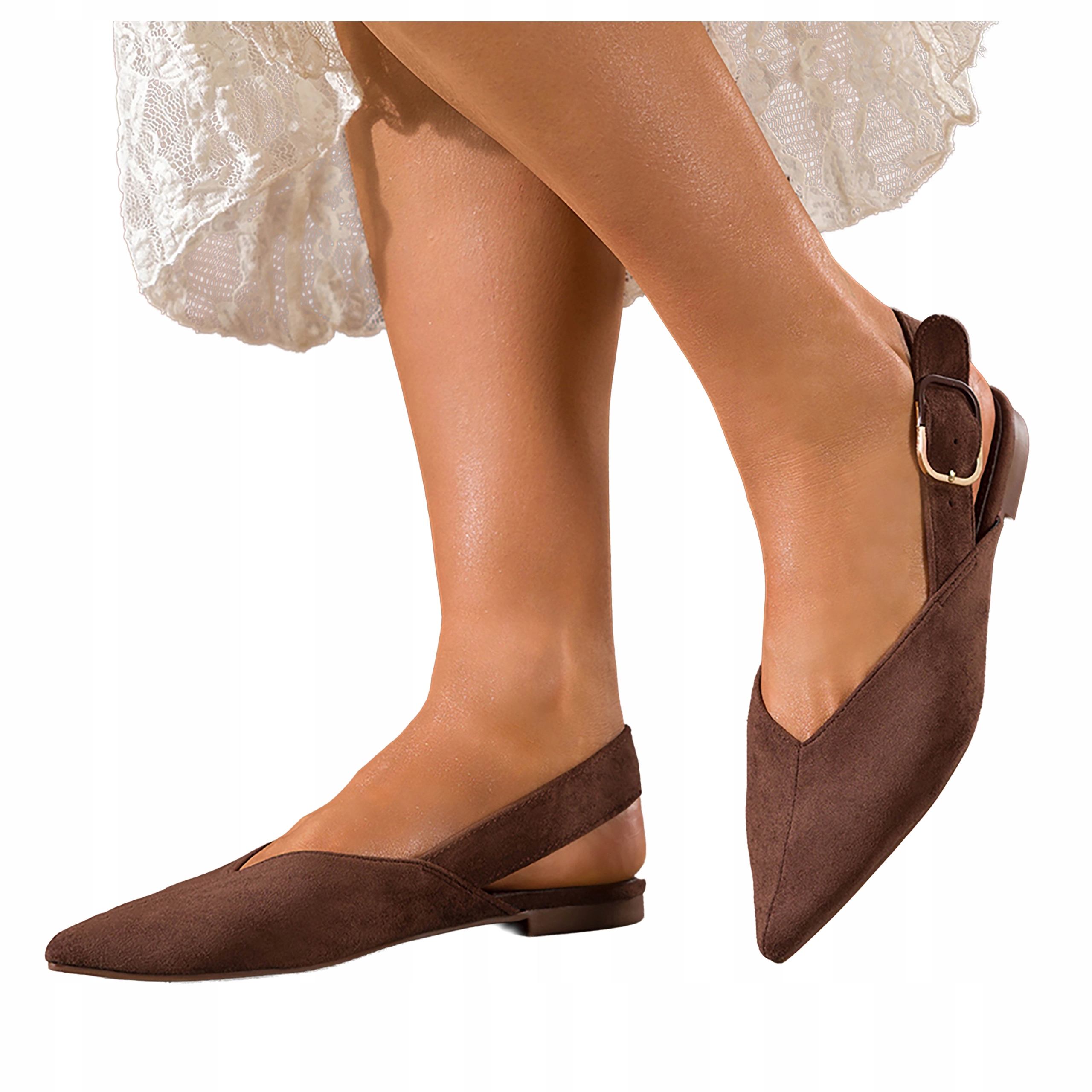 Baleriny Czekoladowe Damskie Z Odkrytą Piętą Zamszowe Modne r 38