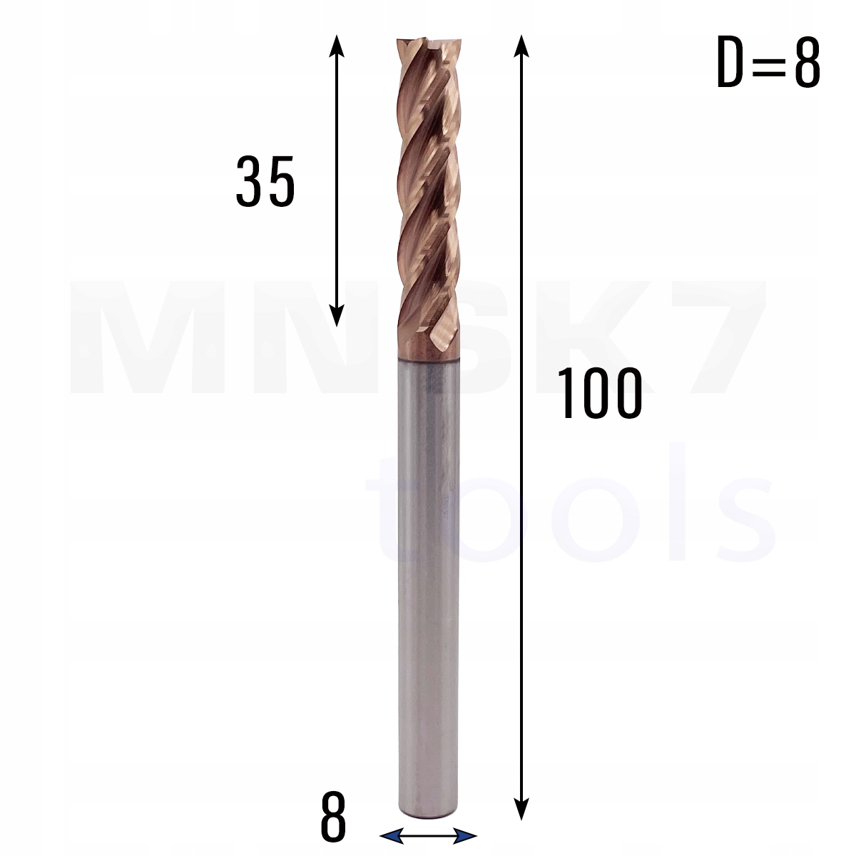 Frez palcowy długi do metalu 4P fi 8 mm x 35 mm x 100 mm Cnc Vhm Hrc 55