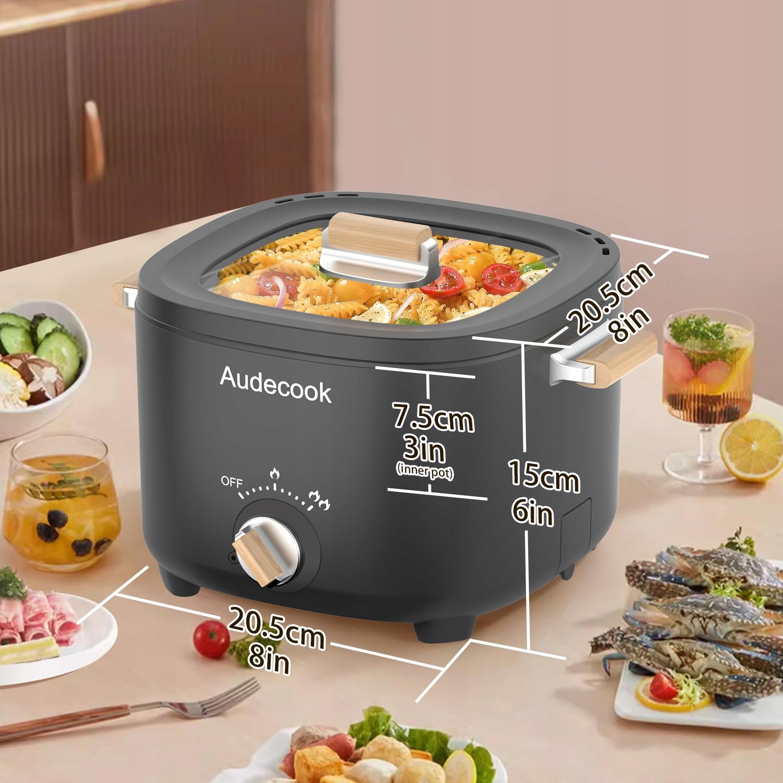 AUDECOOK Elektryczny Garnek 2,5L Przenośny Multicooker dla 1-3 Osób Czarny — miniatura 4
