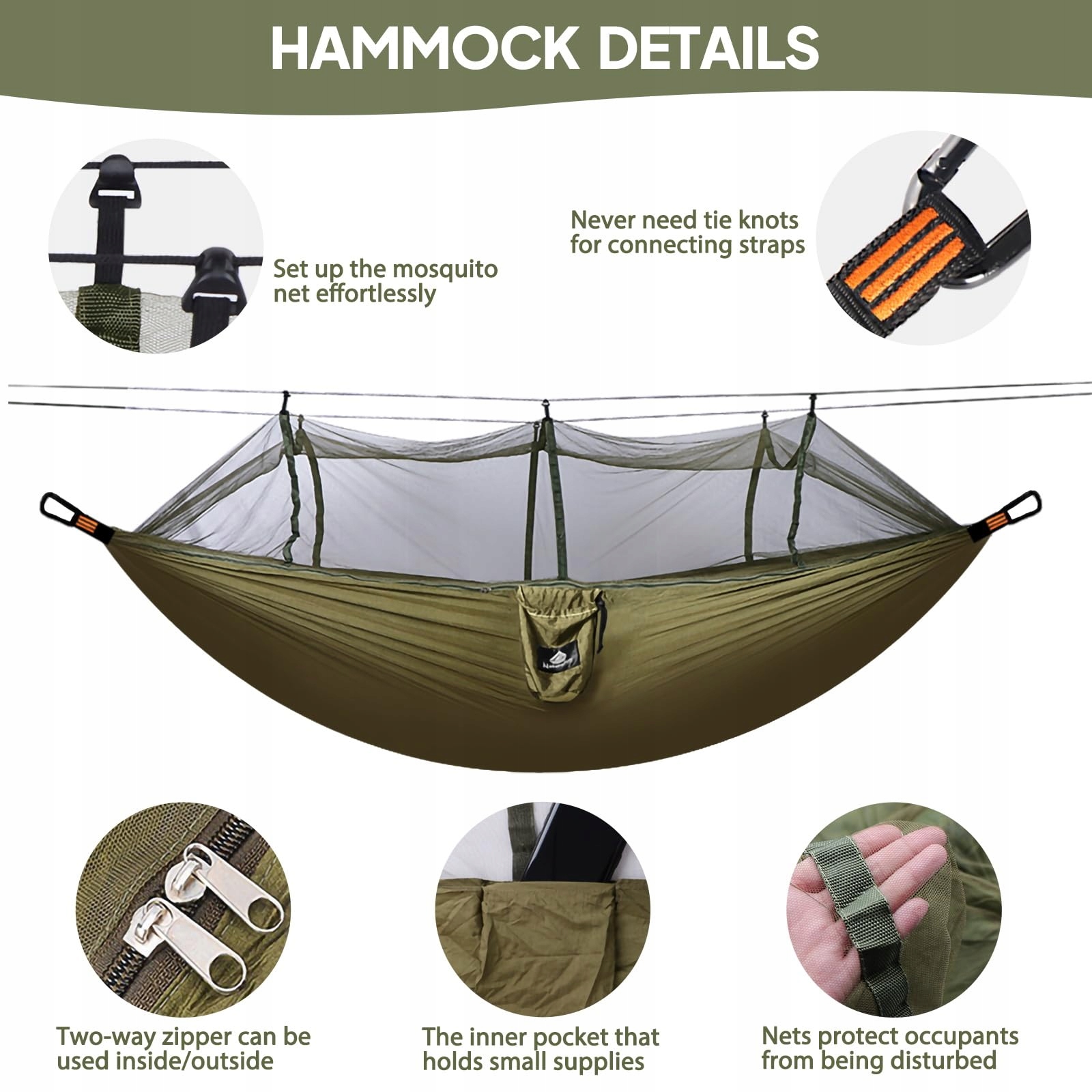 NATUREFUN Ultralekka Moskitiera Hamak Campingowy 300kg Nylon 275x140 — miniatura 4