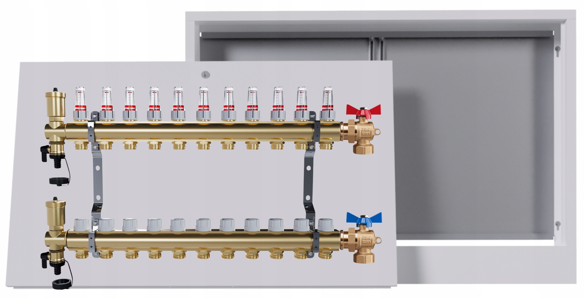 Mosazný rozdělovač pro podlahové krytiny 11 okruhů nástěnná skříňka Kulový Kohout
