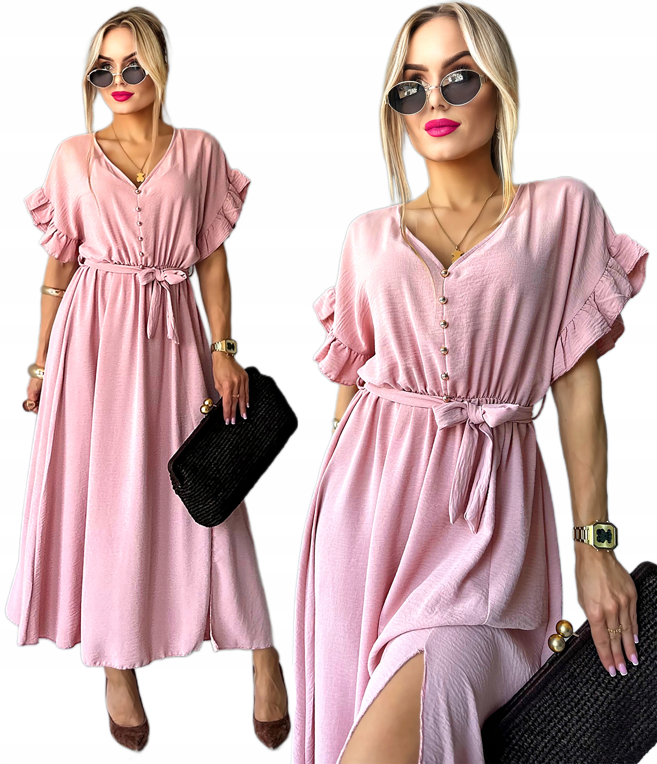 Sukienka Damska długa pasek guziki z rozcięciem wesele Olena