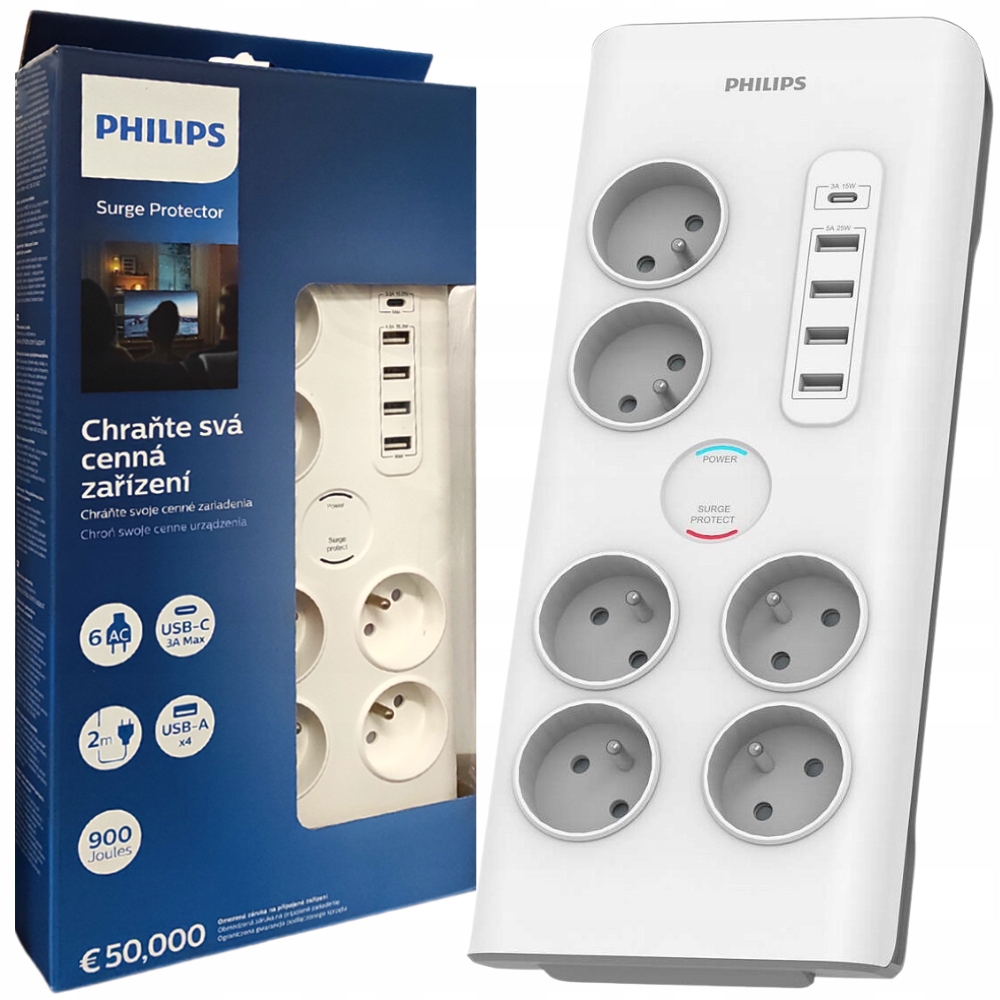 Lišta Philips 6xAC Usb-c 3680W Ochranná