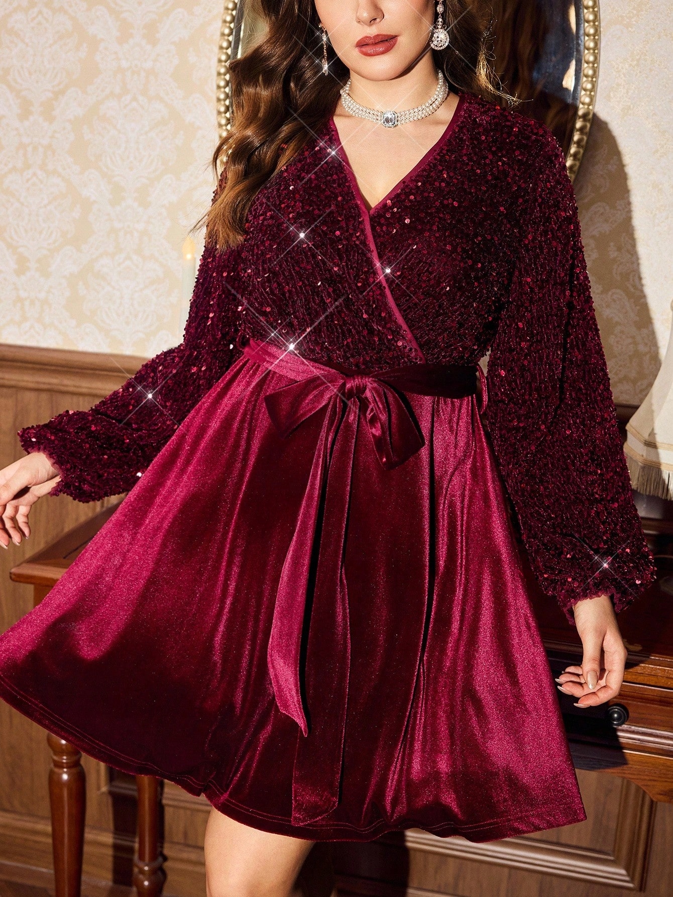 Šaty Burgundské S Flitry A Páskem Shein 5XL