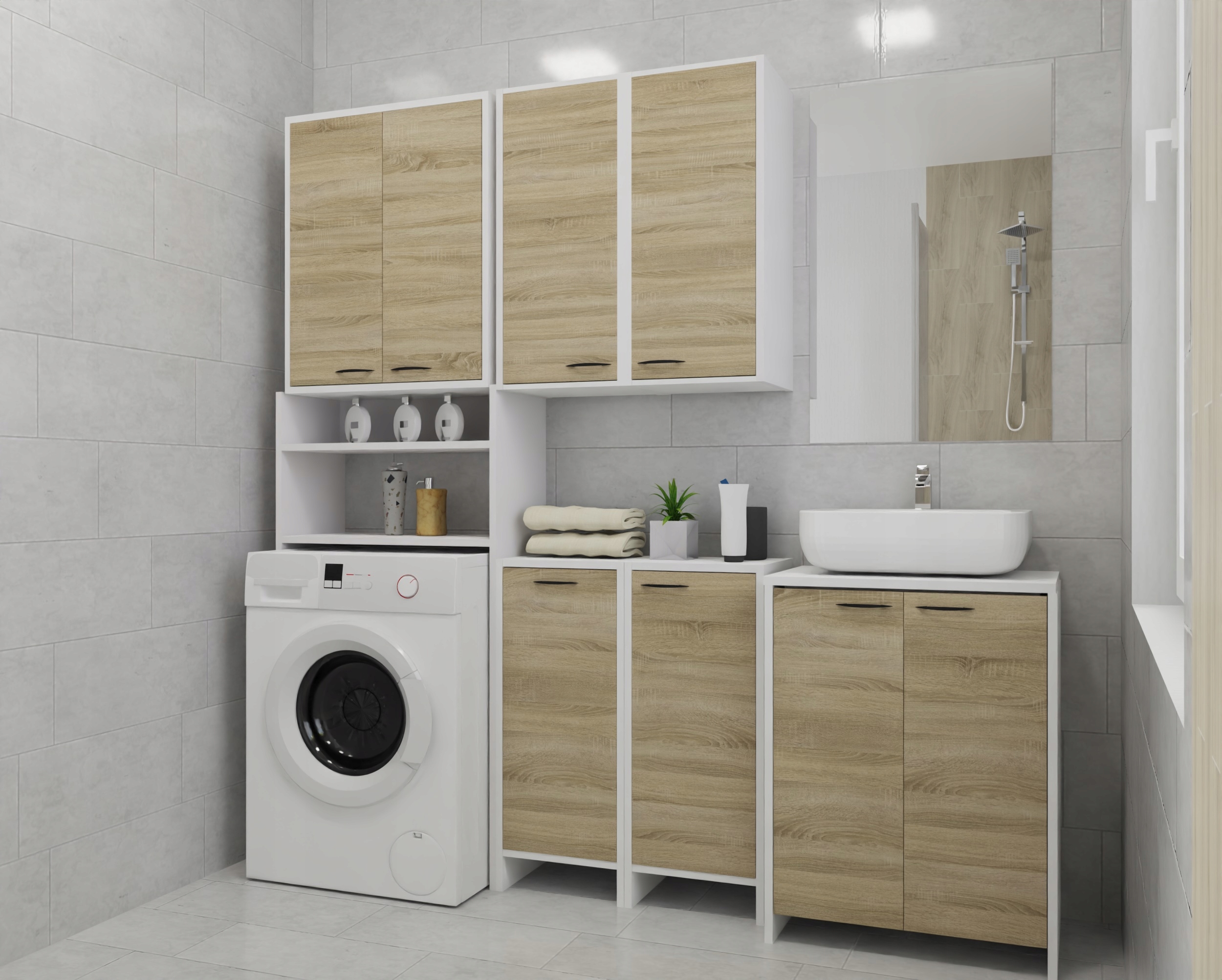 Szafka łazienkowa słupek stojąca z koszem na pranie 33 cm biała dąb sonoma Głębokość mebla 27.1 cm