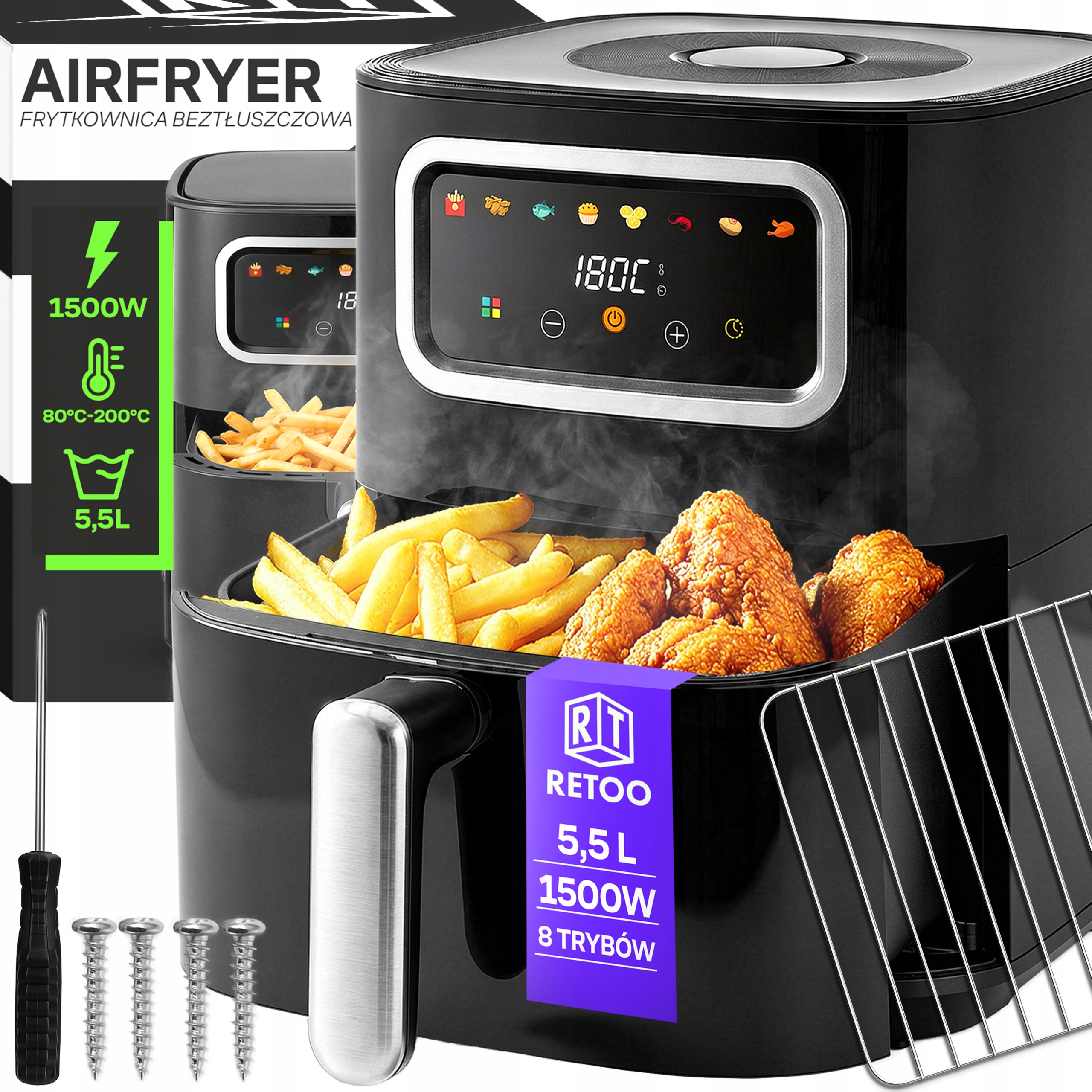 Fritéza Bez Tuku Airfryer Fritéza 1450 W Mísa 5,5 L 8 Programů