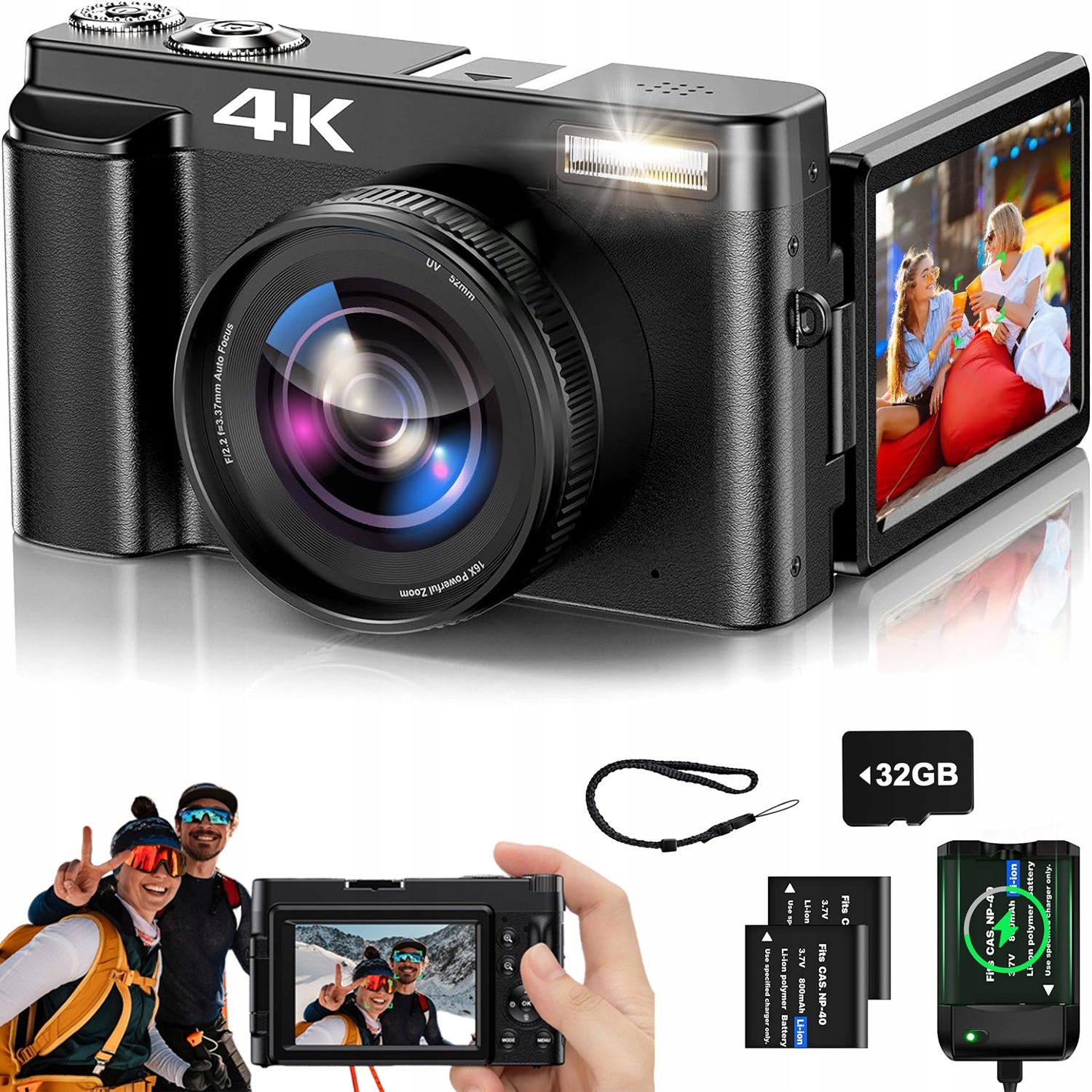 Digitální Fotoaparát 4K Vlogg Zoom 16X S Displejem Otočným O 180° S Bleskem