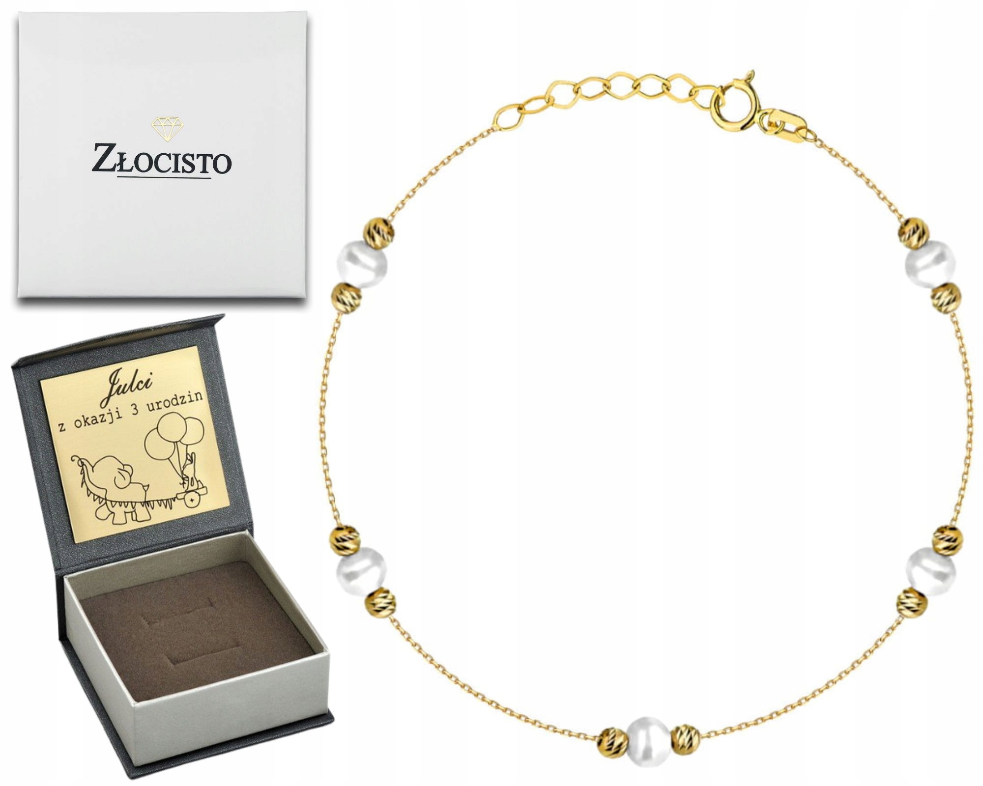 Zlatý Náramek S Perlami A Diamantovými Kuličkami Zlato 585 Dárek Gravírování