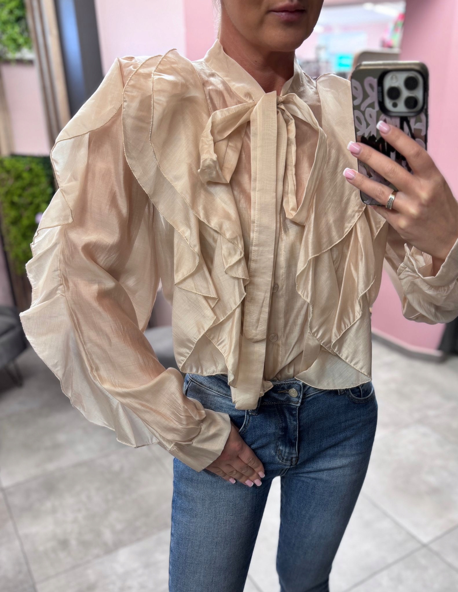 Elegantní Košile S Volánky Tencel Styl Romatický Boho Béžová Uni