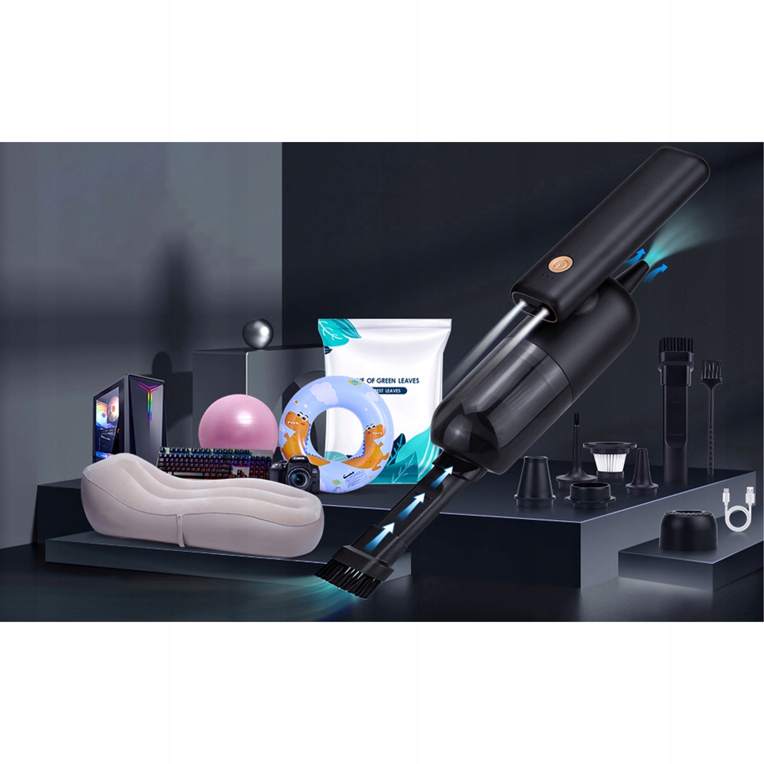 BEZPRZEWODOWY RĘCZNY ODKURZACZ SAMOCHODOWY DO AUTA DOMU 2w1 DMUCHAWA LED