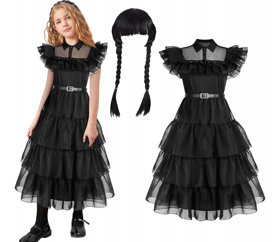 STRÓJ WEDNESDAY ROZMIAR 134-140-146 XL + Peruka