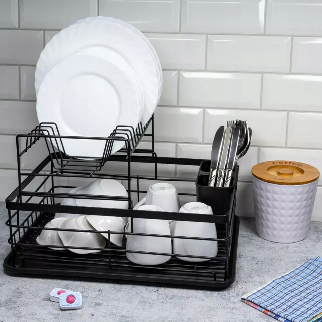 Levně Dvouúrovňová Sušička Na Nádobí Odkapávač Stojan Talíře Černá Loft