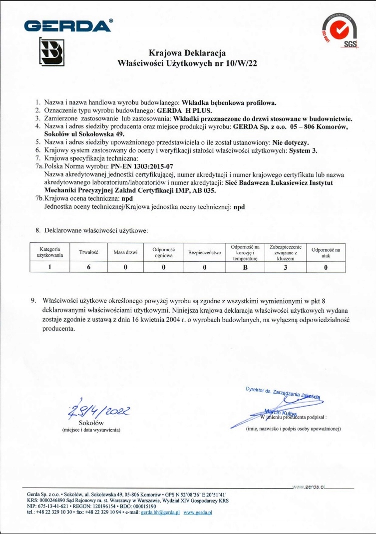 KOMPLET WKŁADEK GERDA H PLUS Z GAŁKĄ G35/30 + 35/30 Marka Gerda