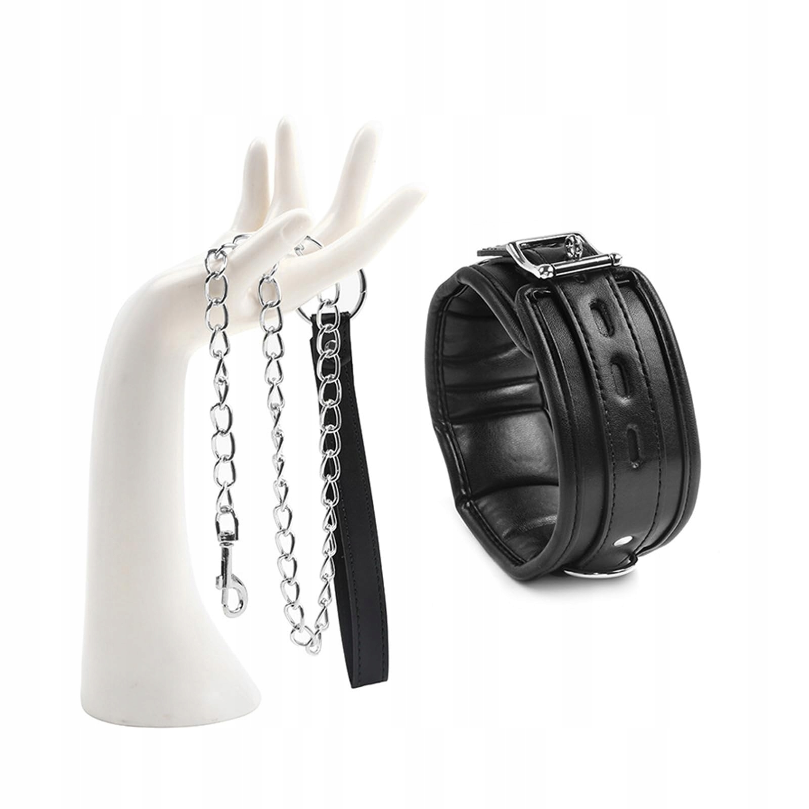 KUAIQI Unisex Skórzana Obroża BDSM Dla Par Czarna Regulowana Z Smyczą — miniatura 3