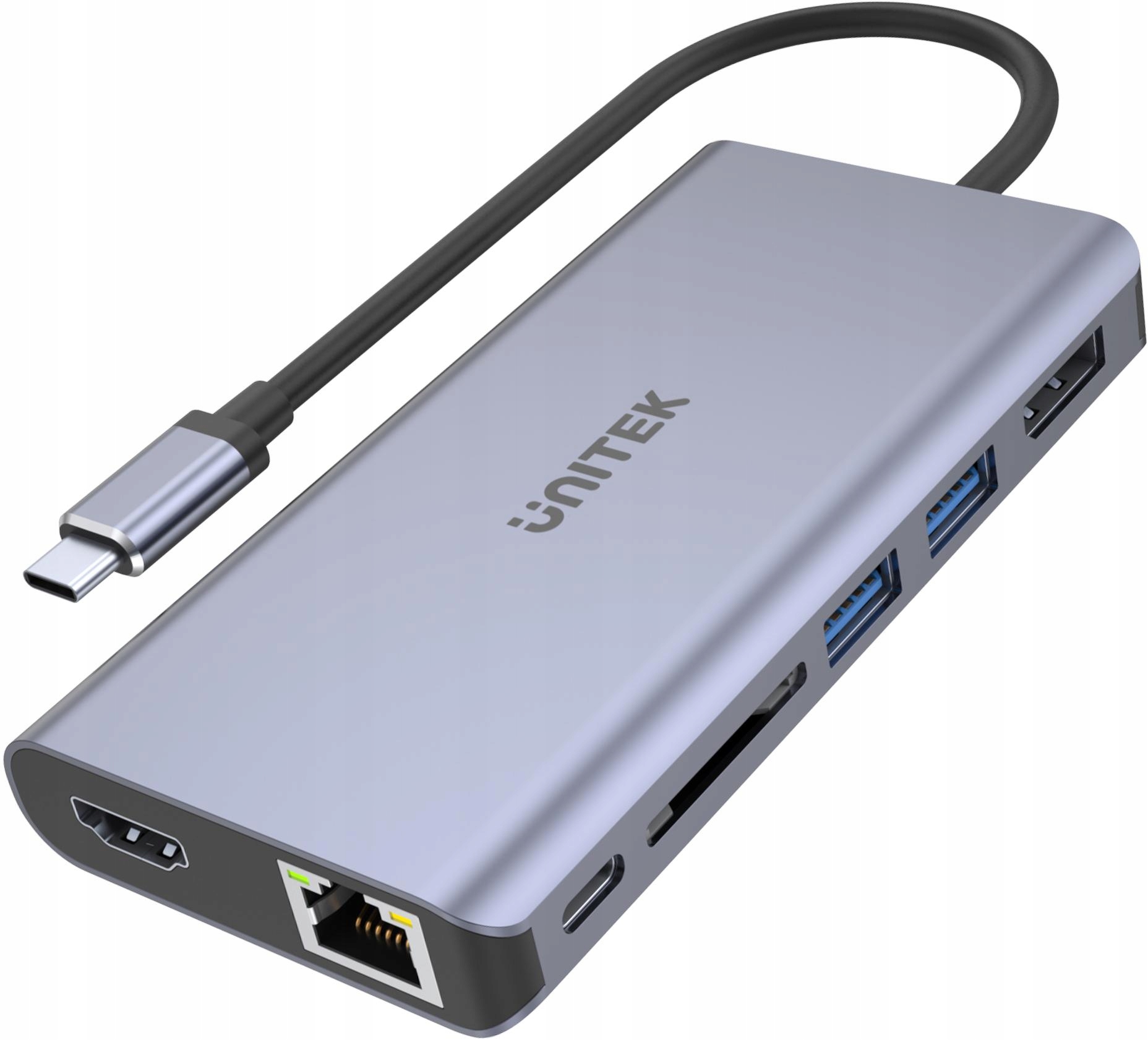 Adaptér Unitek D1056A Usb-c Hub 2x Usb 3.1 Hdmi Dp RJ45 čtečka Sd