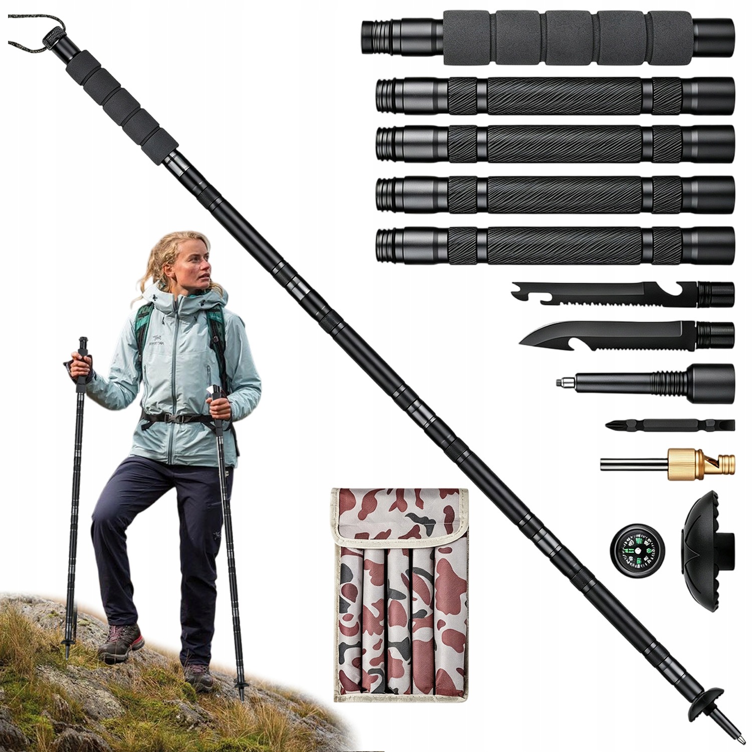 Kijek Trekkingowy Multifunkcyjny 104CM Z Nożem Aluminiowy Do Survivalu