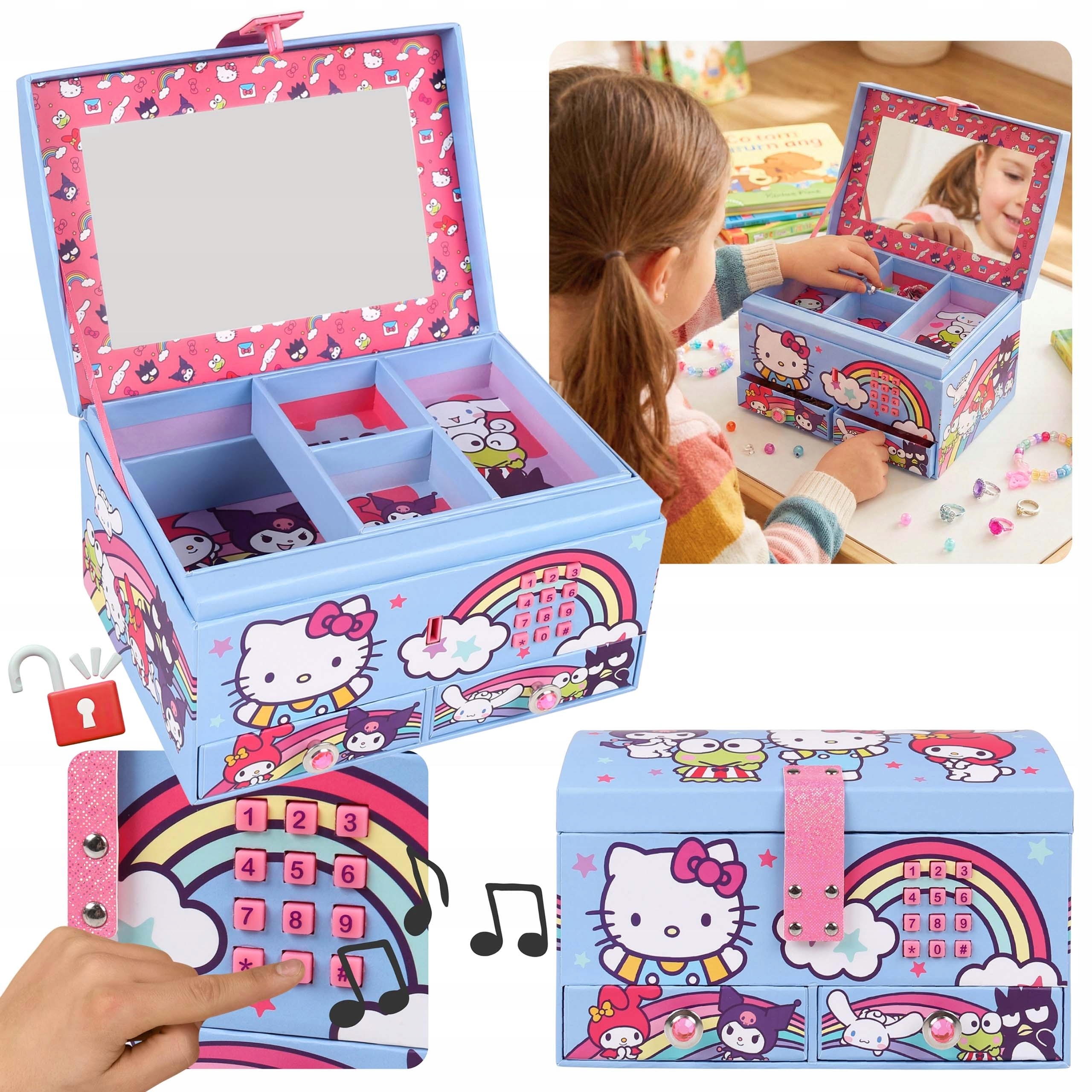 Hello Kitty Šperkovnice na bižuterii se zrcátkem Uzavíratelná krabička Na Kód