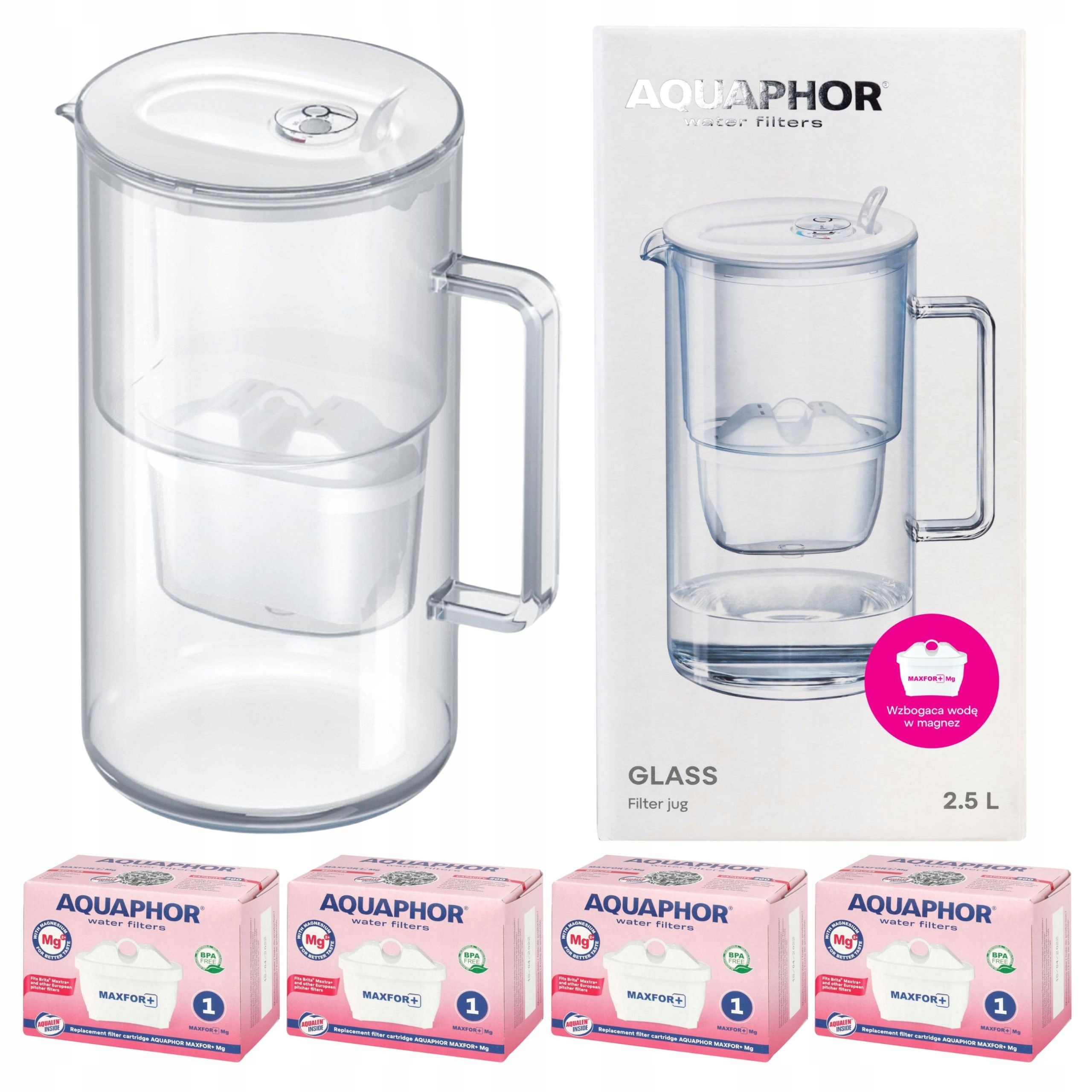 Dzbanek szklany filtrujący do wody Aquaphor Glass biały +4 filtry Maxfor Mg