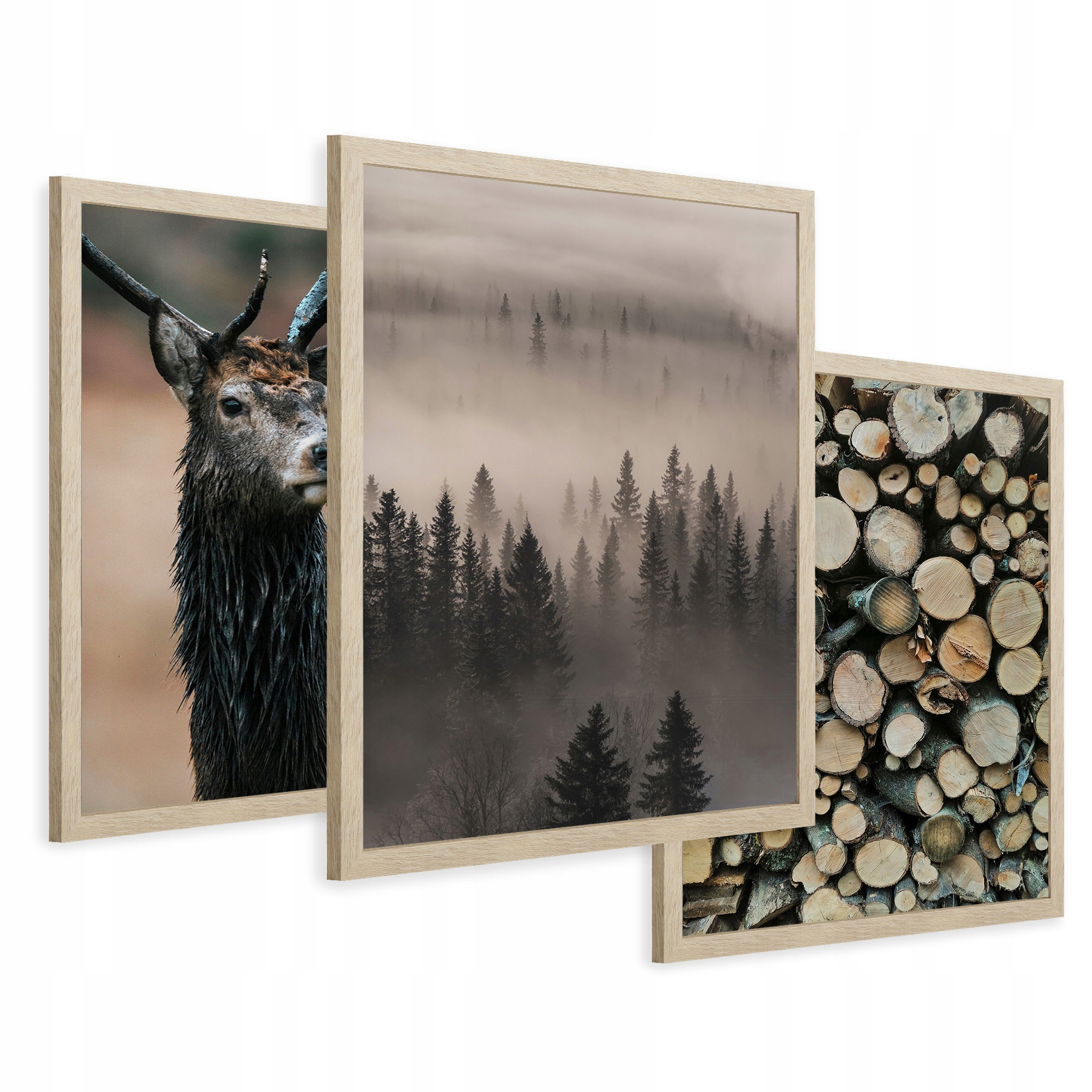 Zestaw Obrazy w ramie plakaty jeleń las drzewa boho tryptyk 43x99