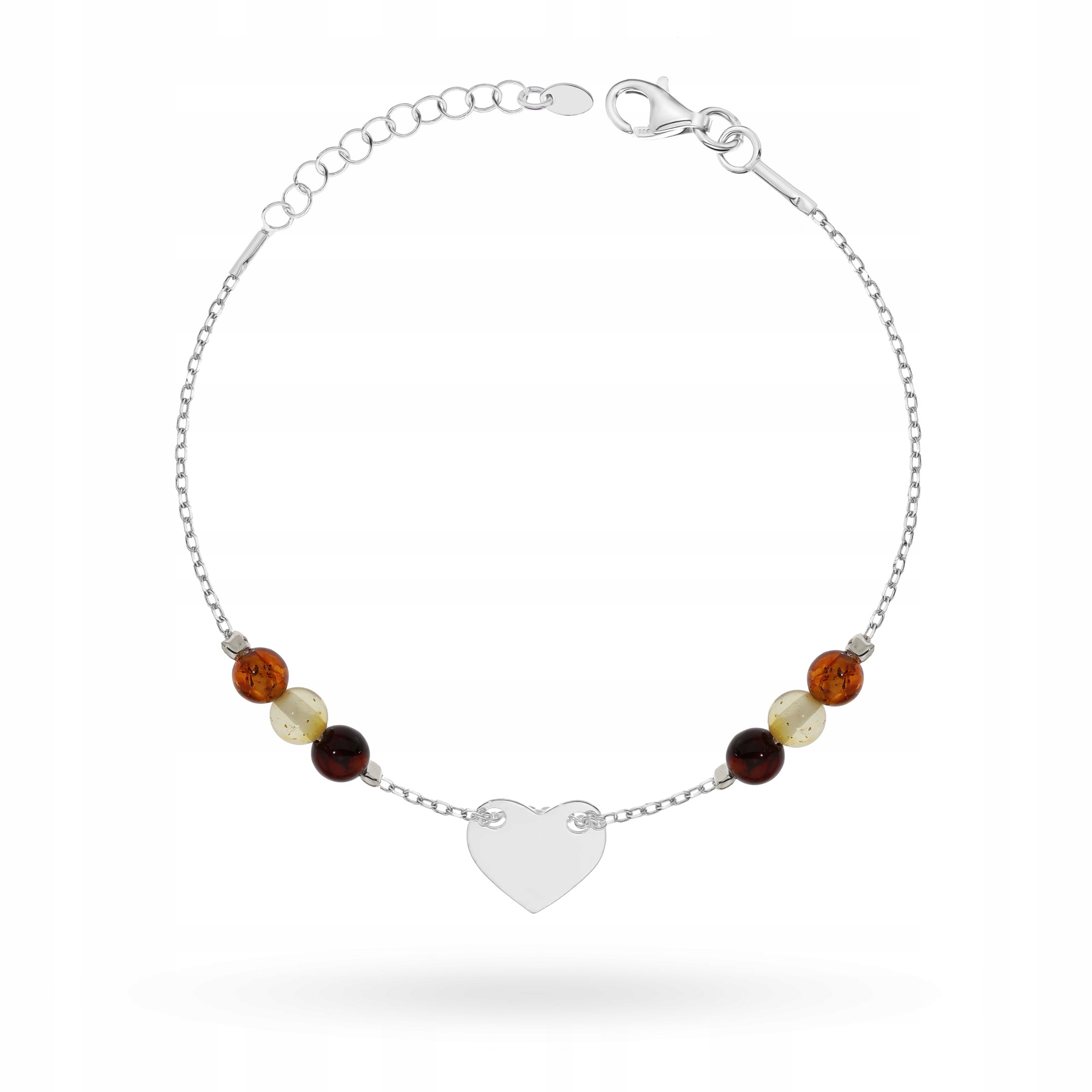 Stříbrný Náramek Dámský ryzost 925 Jantarové kuličky a hladké srdce