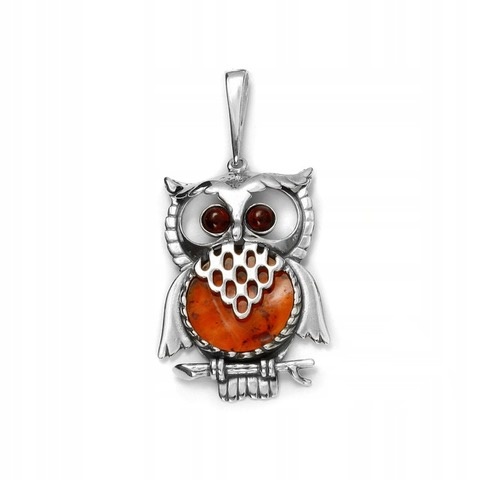 SOWA SREBRNY WISIOREK SOWA Z BURSZTYNEM