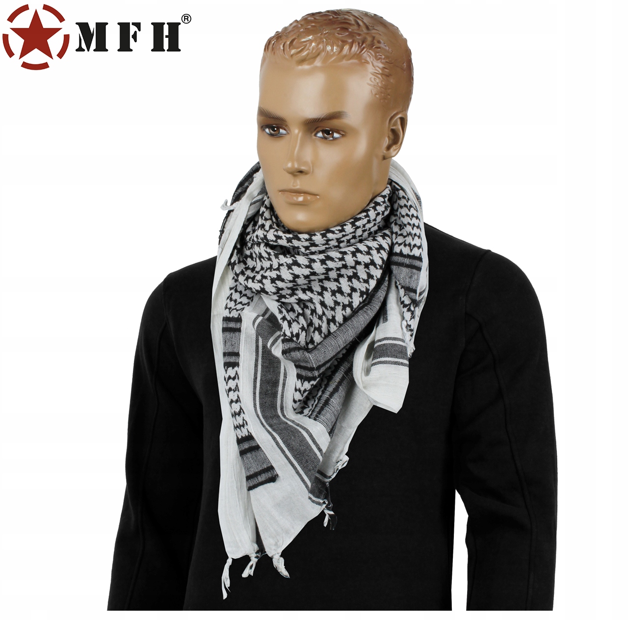 CHUSTA ARAFATKA OCHRONNA BANDANA BANDAMA Shemagh 110X110 MFH BLACK WHITE Kolor dodatkowy czarny