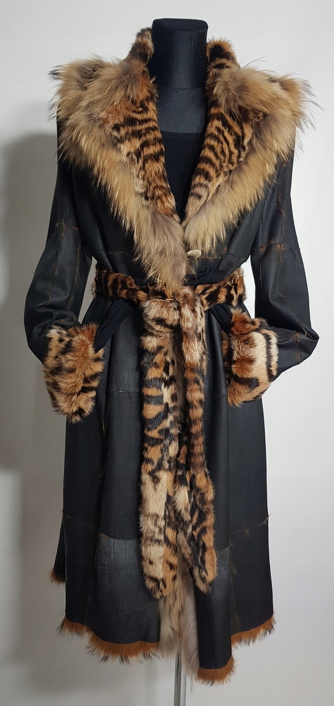 Kożuch naturalny trencz leciutki futro panterka EXCLUSIVE dwustronny M L