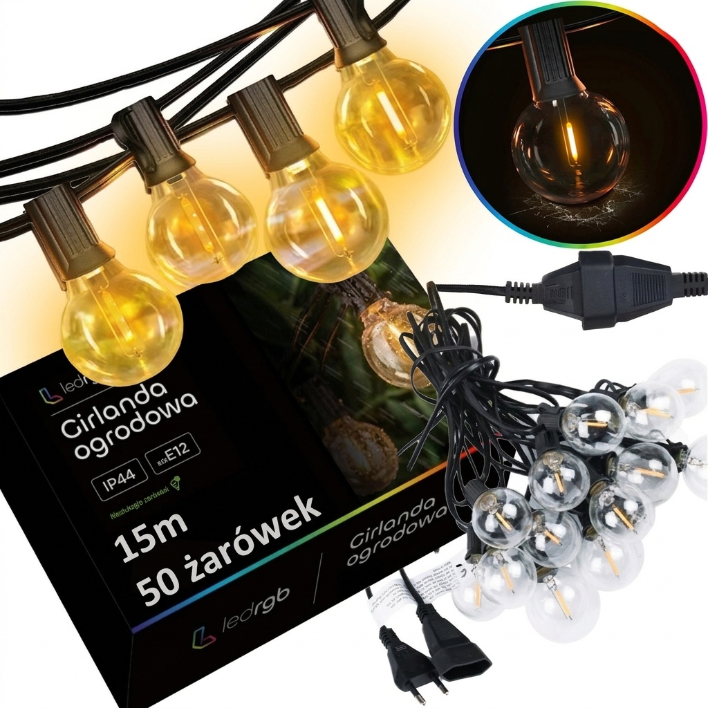 Zahradní světelná girlanda 15M 50 Led žárovka E12 Vodotěsný kabel IP67