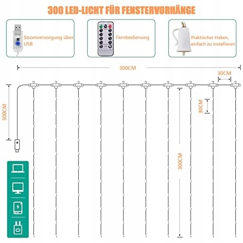 SUNLISKY Kurtyna Świetlna Wodoodporna Girlanda Lampki 3x3m 300LED — miniatura 5