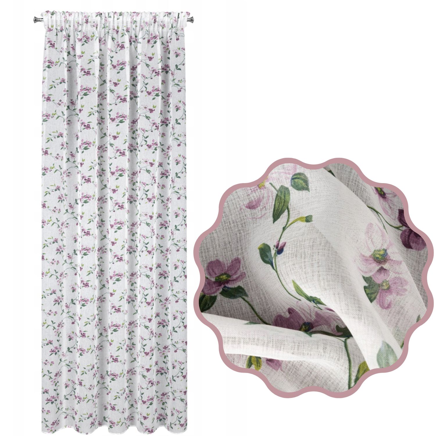 

Delikatna zasłona z etaminy biała kwiaty 140X270