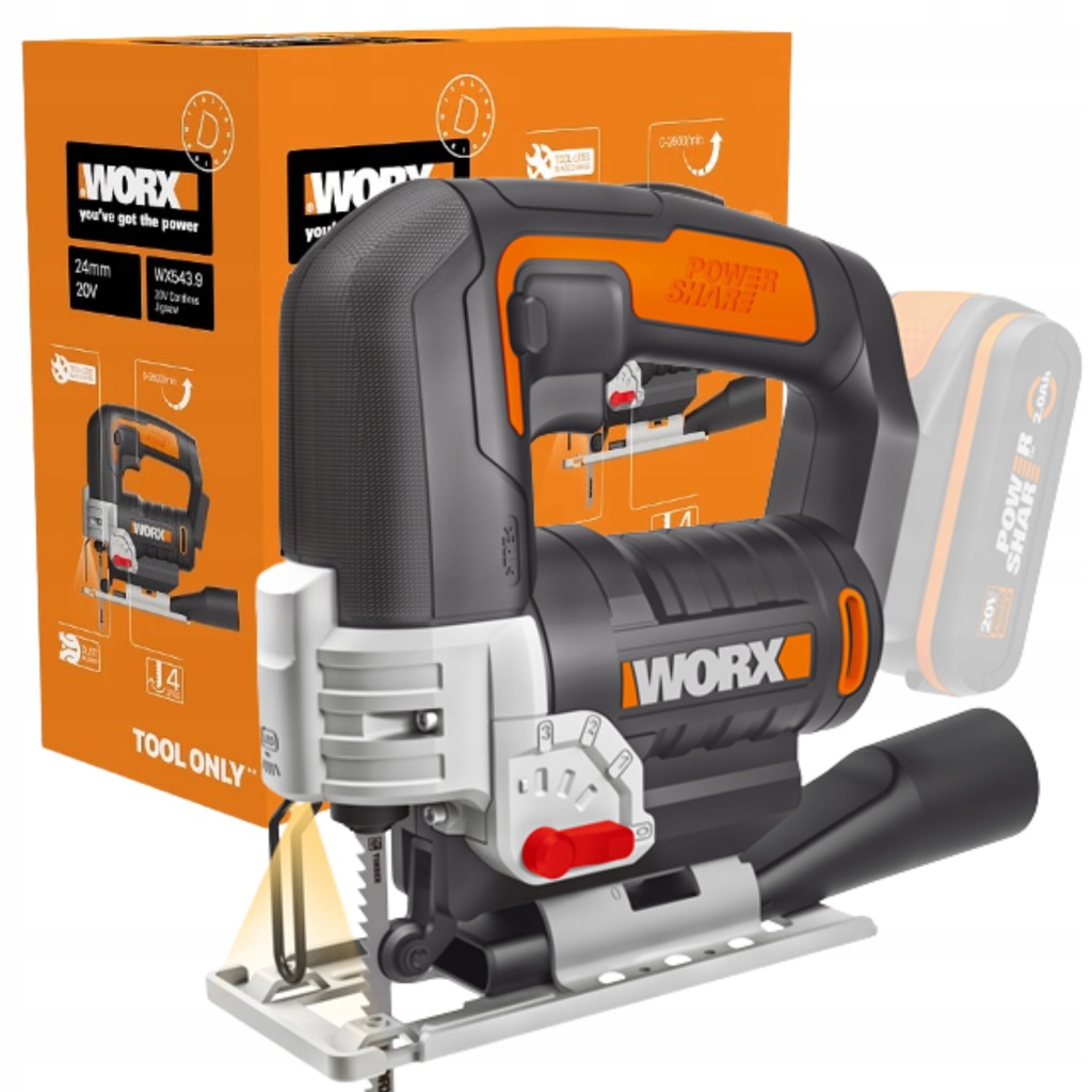 Akumulátorová přímočará pila Worx WX543.9 20V 24 mm Regulace otáček PowerShare
