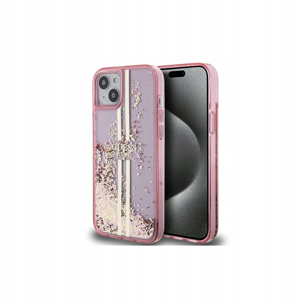 Etui Guess iPhone 15 Plus 14 Plus Liquid Glitter Gold Stripes Różowe