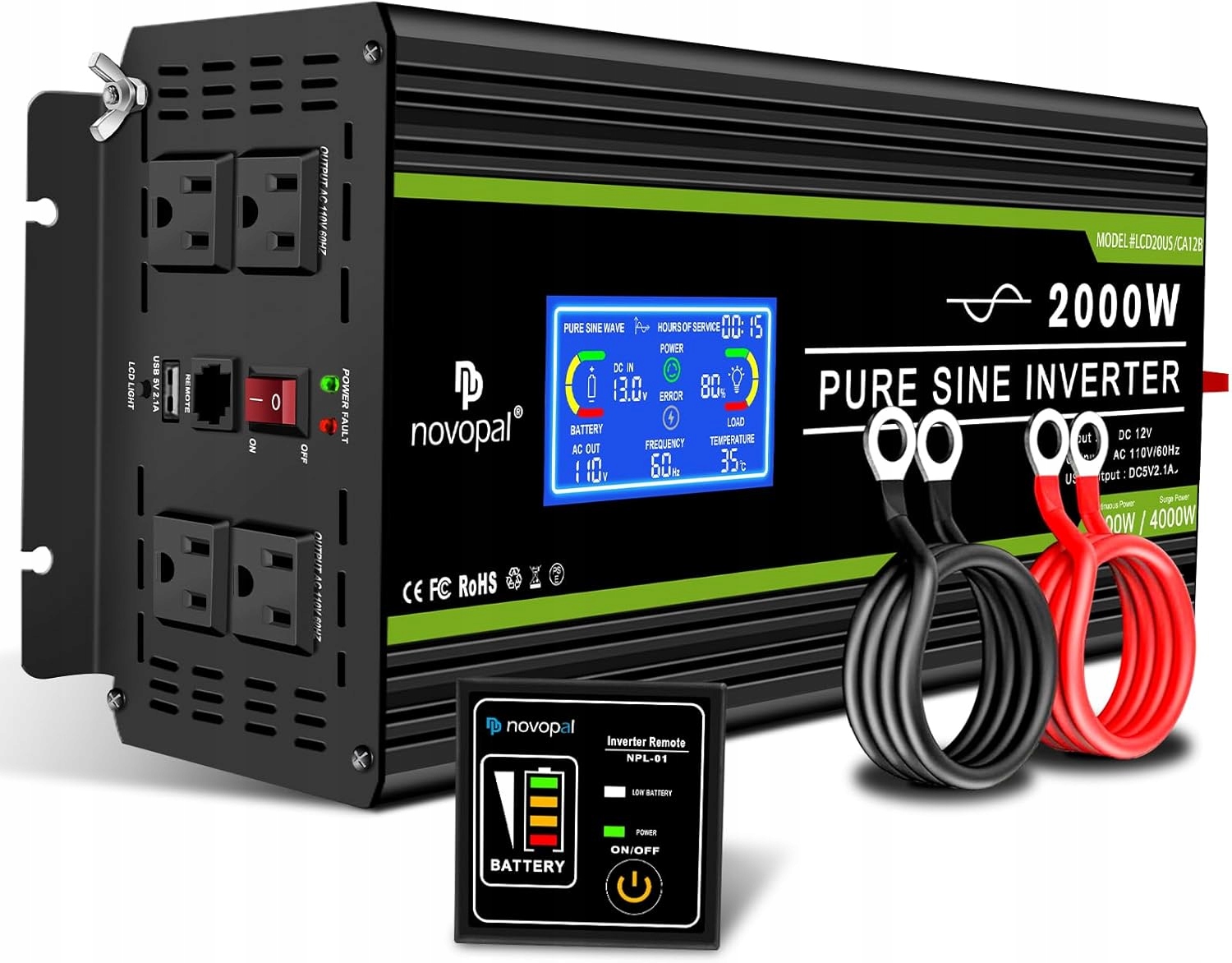 Sínusový menič Novopal 2000 W DC 12 V na Ac 230 s diaľkovým ovládaním
